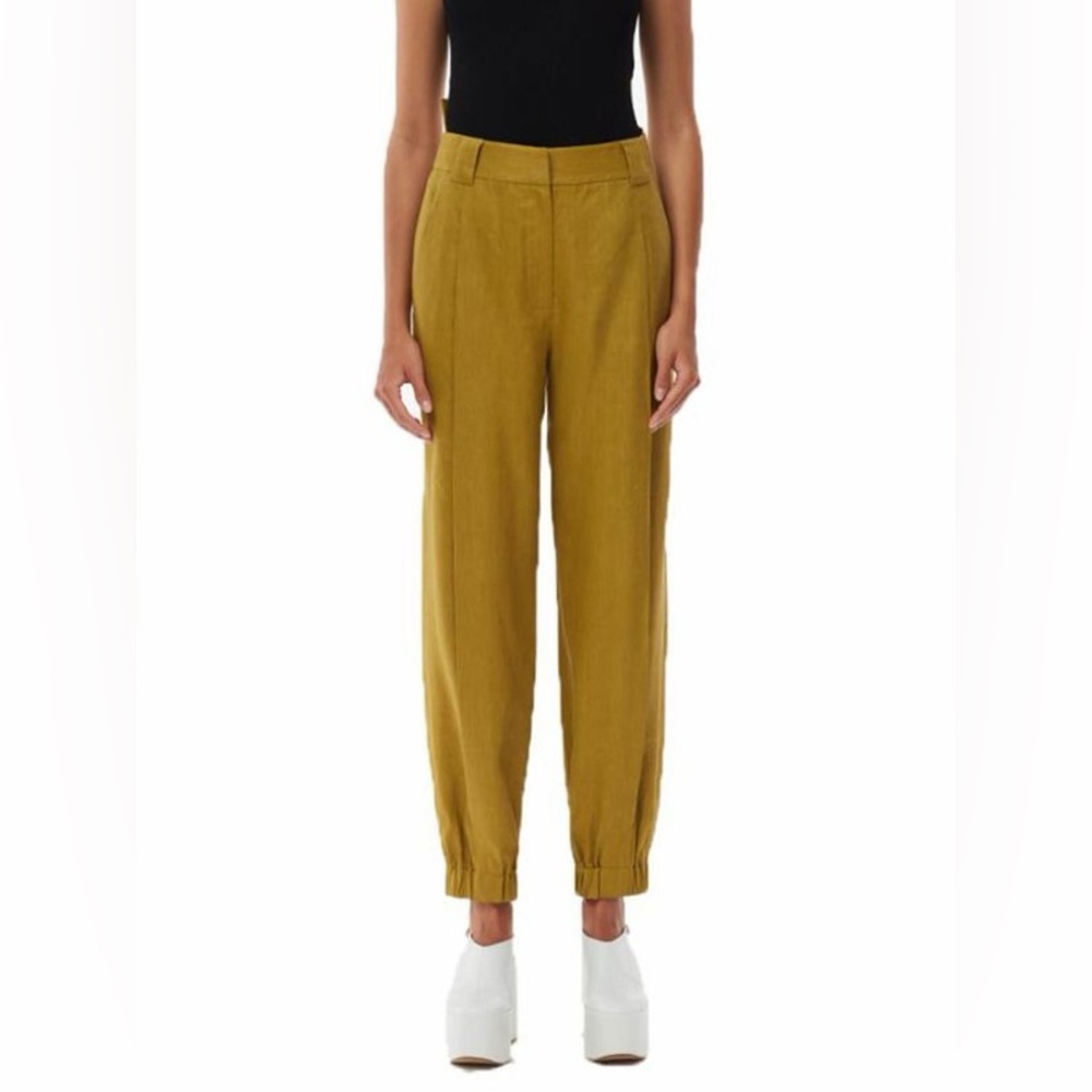 TIBI Linen Crop Balloon Trouser Wesson Sculpted Double High Waist Tan Ochre